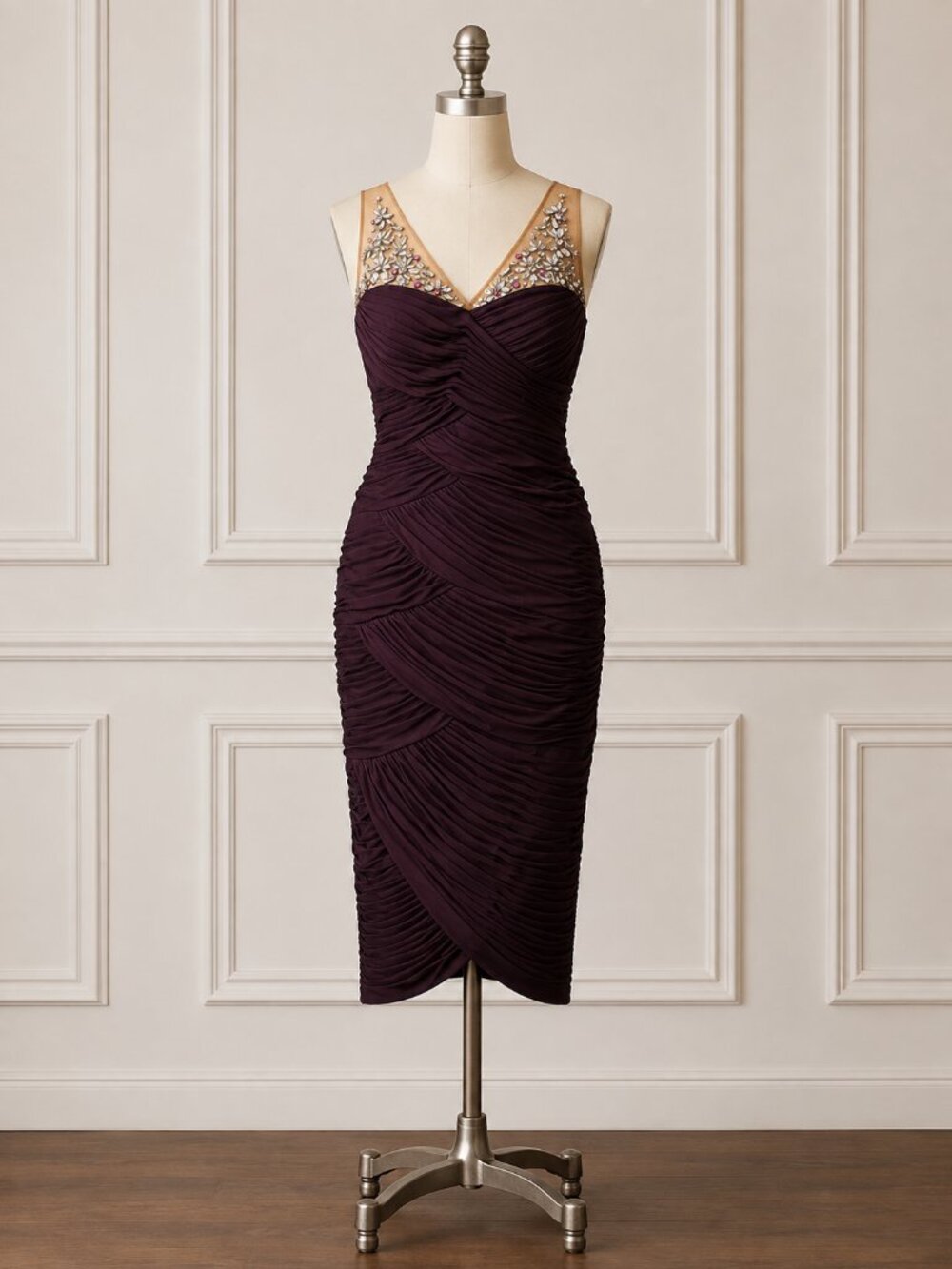 Adrianna Papell Size 10 Plum Ruched Beaded Cocktail Dress